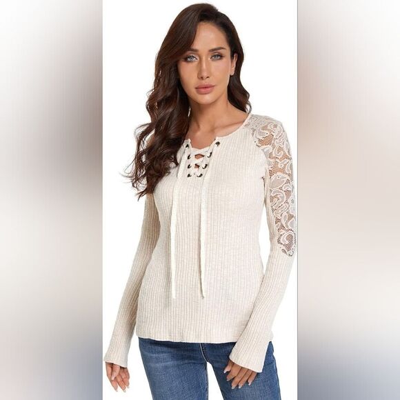 AmélieBoutik Women Floral Lace Inset Lace Up Ribbed Long Sleeve Knit Top S - Picture 1 of 9